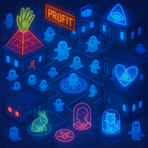 Top down isometric neon cyberpunk spooky ghost town street village town layout glowing holograms ghosts magic sigils kawaii animals