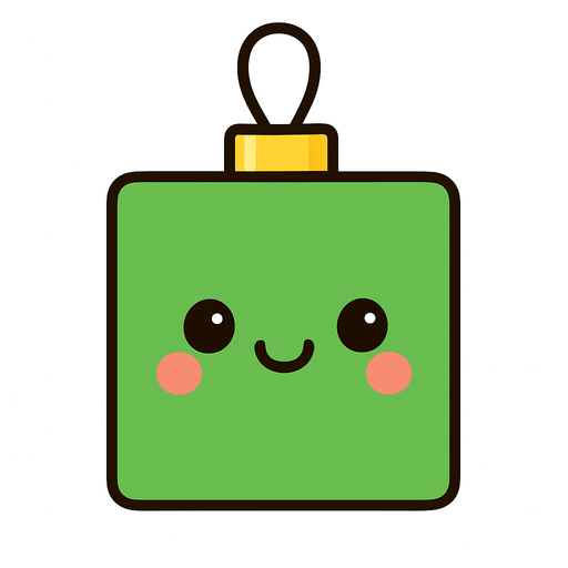 Perfectly square bright green Christmas decoration with cute happy face. Cartoon style. Cute art style. Simple vector style. No Shadows