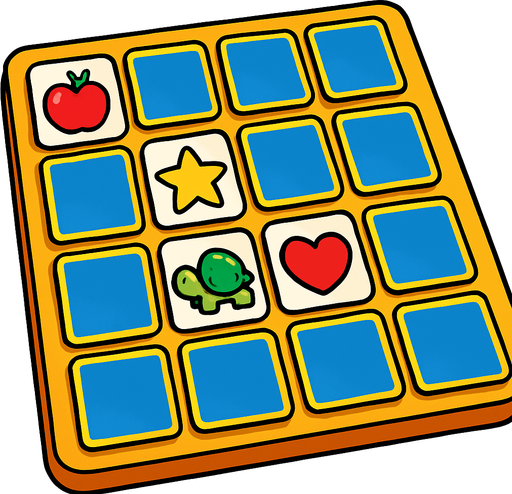 a cartoon style 3d image of a memory match board game with some cards face up and some cards face down..
In-Game asset.  2d.  High contrast.  No shadows