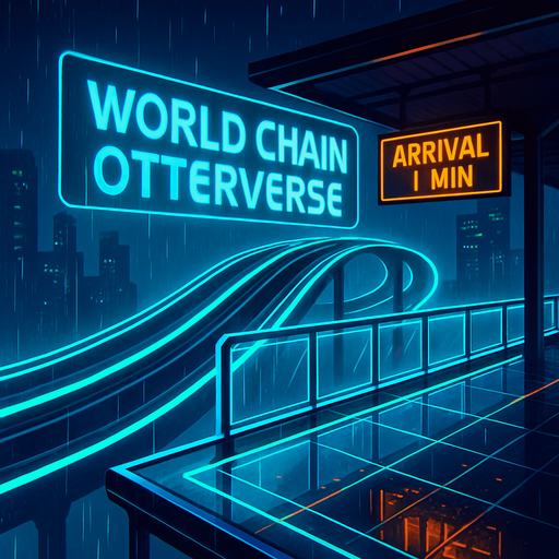 Generate an elevated monorail station at night, with neon rails and transparent glass platforms. Holographic signage over the tracks proclaims ‘World Chain Otterverse.’ Add animated train arrival indicators, rain streaks on glass, and distant skyscrapers—no characters or coins present..
In-Game asset.  2d.  High contrast.  No shadows
