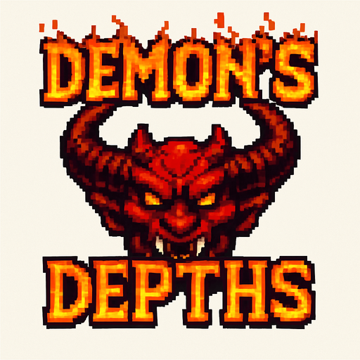 Pixel art logo for a game called ‘Demon’s Depths’. Big demon head with the title of the game split on top and bottom. The words are made of flame. White background
In-Game asset.  2d.  High contrast.  No shadows