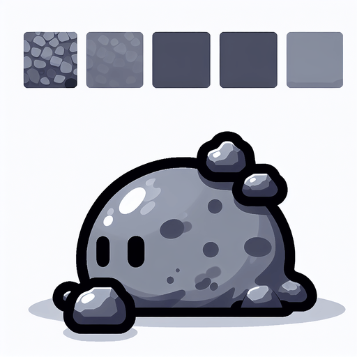 Un slime gris RPG con rocas en su espalda. Estilo suave y simple.
Single Game Texture.  In-Game asset.  2d.  Blank background.  High contrast.  No shadows