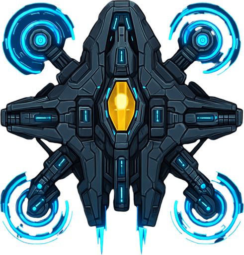 Transform the ship into a high-tech 2D top-down spacecraft. Add shield emitters with rotating energy halos, four weapon slots, side thrusters, and an enhanced cockpit with a golden or crystal-like glow. The silhouette is wider and more refined. Visuals should include detailed paneling, moving parts, and advanced energy flows..
In-Game asset.  2d.  High contrast.  No shadows