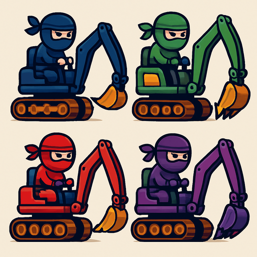 Different frames of a ninja digger, different colors, HD colors.
In-Game asset.  2d.  High contrast.  No shadows