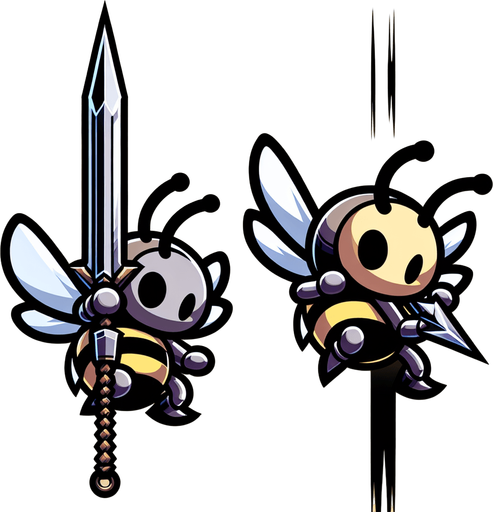 chibi vertical image of bee. dived down attack with spear sting 
Single Game Texture.  In-Game asset.  2d.  Blank background.  High contrast.  No shadows