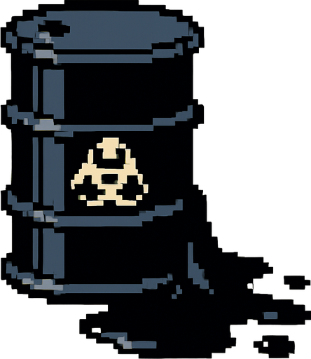 un barril derramando petroleo negro hecho con pixeles In-Game asset.  2d.  High contrast.  No shadows
