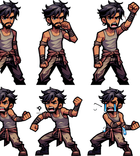 create a spritesheet of a person with his hand up, and also another sprite with his hand down with the pose as if he was breaking something, and a sprite of him crying with his injured hand. also make a sprite of him with his mouth open.. Single Game Texture. In-Game asset. 2d. Blank background. High contrast. No shadows.
Single Game Texture.  In-Game asset.  2d.  Blank background.  High contrast.  No shadows