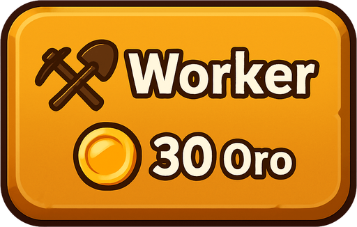 Crea un botón interactivo UI estilo 2D renderizado, limpio y cartoonish. Debe tener contornos definidos, colores vibrantes y sombreado que dé volumen. Será un rectángulo con esquinas ligeramente redondeadas, coherente con el botón de Torre. El fondo del botón será sólido y neutro (metal/piedra sutil), similar al botón de Torre para mantener coherencia UI.

El botón debe contener:

Texto Principal: La palabra "Worker" (Trabajador) claramente visible en la parte superior central.

Icono Secundario (Opcional): Un símbolo estilizado que represente el trabajo o recolección (ej. un pico y una pala cruzados, o un casco de minero), ubicado a la izquierda del texto "Worker" (o a la derecha, si el diseño lo favorece).

Precio: El texto "30 Oro" (o símbolo de oro y "30") claramente visible en la parte inferior central (o en una esquina inferior). Este precio debe ser una parte integral del diseño del botón (mismo asset).

Los colores de texto/icono deben contrastar claramente con el fondo (ej. bl.
In-Game asset.  2d.  High contrast.  No shadows