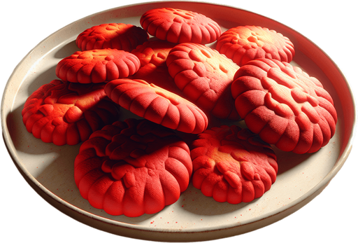 photorealistic red plate of cookies, profile view.