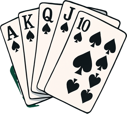A fanned card hand that shows a royal flush in spades. Anime style.
In-Game asset.  2d.  High contrast.  No shadows
