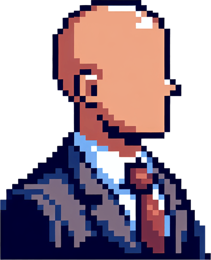 8-bit. cartoon. fancy office person. bald. seen from the side. in game assset. Single Game Texture. In-Game asset. 2d. Blank background. High contrast. No shadows.