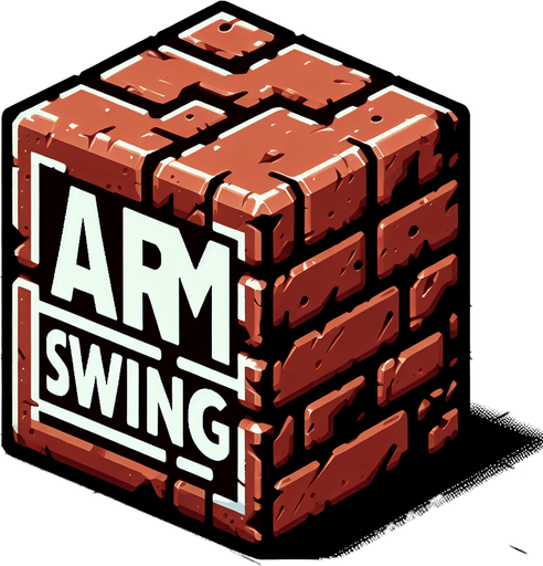 a forward facing brick with the writing "Arm Swing" Single Game Texture. In-Game asset. 2d. Blank background. High contrast. No shadows.
