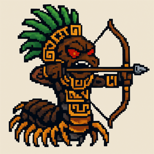 Genérame una Ciempies gigante amazonico guerrero azteca con eso patrones, estilo pixelar, con una apariencia maligna, ojos rojos, rabioso. Unidad a distancia, con un arco o cerbatana. Animal.
In-Game asset.  2d.  High contrast.  No shadows