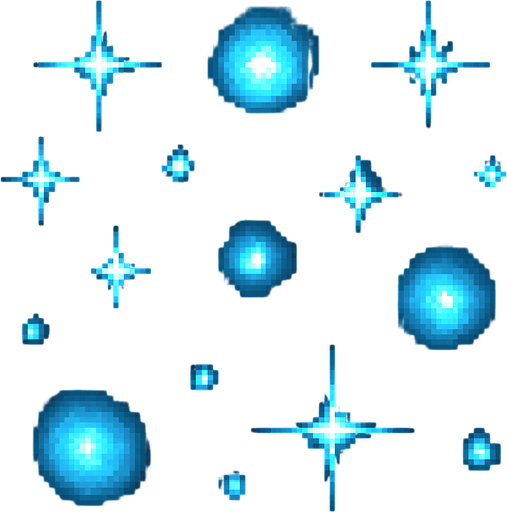 "2D pixel art of glowing blue sparkle effects. Multiple soft, magical blue glows of different sizes are scattered across the canvas, each with a bright core and a gentle radiant halo. Some glows are small star-like sparkles, while others are circular energy pulses or twinkling particles. The blue tones range from light cyan to deep magical blue, giving the effect a mystical and fantasy feel. Designed in a clean, classic 16-bit RPG pixel art style. Transparent background.".
In-Game asset.  2d.  High contrast.  No shadows