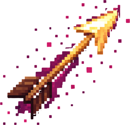 An icon of a glowing wooden arrow from a bow trailing pink particles. Pixel art..
In-Game asset.  2d.  High contrast.  No shadows