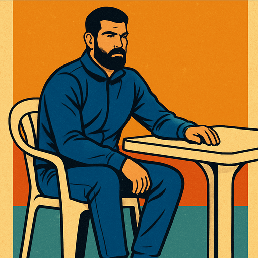 Beyaz plastik sandalye ve masa da oturan volkan demiren görseli oluştur . bu görsel de volkan demirel Lacivert eşofman takımı giyiyor olsun . retro temada olsun !.
In-Game asset.  2d.  High contrast.  No shadows