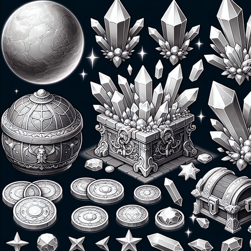 нужны ерасивые монеты, кристаллы, сундуки с кристаллами, всё это должно соответсвовать небесной тематике.
Single Game Texture. In-Game asset. 2d. Blank background. High contrast. No shadows.