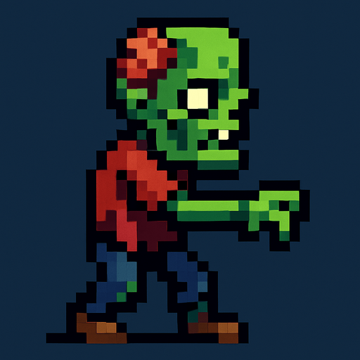 A pixel art zombie facing left in a side view..
In-Game asset.  2d.  High contrast.  No shadows