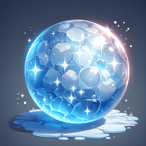 Frozen round ball sparkling with effects.
Single Game Texture. In-Game asset. 2d. Blank background. High contrast. No shadows.