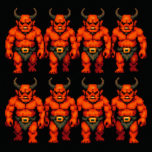 A walking sprite sheet for demonic ogre. Front perspective. Retro PC pixel. 
In-Game asset.  2d.  High contrast.  No shadows