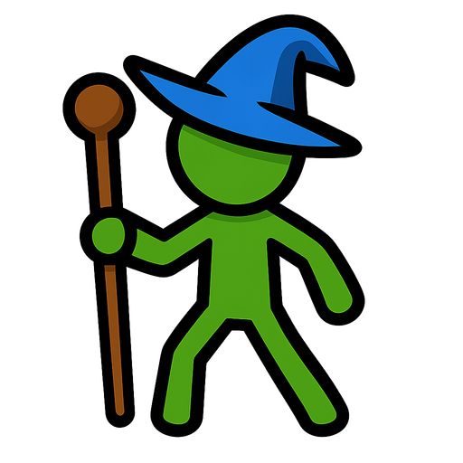 Green stickman with a blue wizard hat and a staff; no eyes.
In-Game asset.  2d.  High contrast.  No shadows