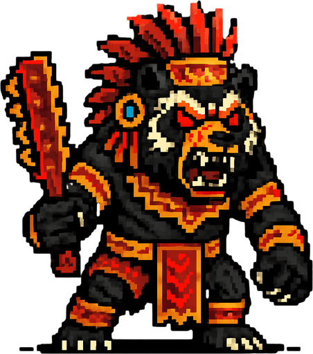 Genérame una Oso de Anteojos guerrero azteca con eso patrones, estilo pixelar, con una apariencia maligna, ojos rojos, rabioso. Unidad cuerpo a cuerpo.
In-Game asset.  2d.  High contrast.  No shadows