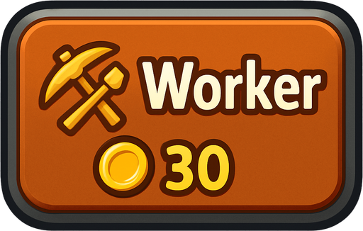 Crea un botón interactivo UI estilo 2D renderizado, limpio y cartoonish. Debe tener contornos definidos, colores vibrantes y sombreado que dé volumen. Será un rectángulo con esquinas ligeramente redondeadas, coherente con el botón de Torre. El fondo del botón será sólido y neutro (metal/piedra sutil), similar al botón de Torre para mantener coherencia UI.

El botón debe contener:

Texto Principal: La palabra "Worker" (Trabajador) claramente visible en la parte superior central.

Icono Secundario (Opcional): Un símbolo estilizado que represente el trabajo o recolección (ej. un pico y una pala cruzados, o un casco de minero), ubicado a la izquierda del texto "Worker" (o a la derecha, si el diseño lo favorece).

Precio: El texto "30 Oro" (o símbolo de oro y "30") claramente visible en la parte inferior central (o en una esquina inferior). Este precio debe ser una parte integral del diseño del botón (mismo asset).

Los colores de texto/icono deben contrastar claramente con el fondo (ej. bl.
In-Game asset.  2d.  High contrast.  No shadows