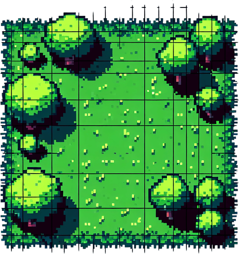 Pixel art, Top down view green grass and a couple trees.
Single Game Texture. In-Game asset. 2d. Blank background. High contrast. No shadows.