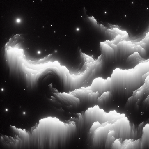 space image stylised gas clouds, black and white image, low contrast