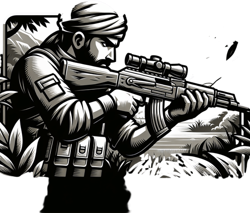 jungle soldier stand shoot the target right direction.
Single Game Texture.  In-Game asset.  2d.  Blank background.  High contrast.  No shadows