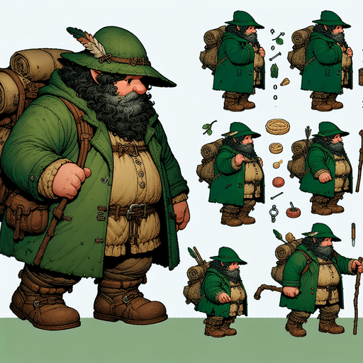 A spritesheet showing various poses of a chubby little hobbit wandering. he is in a green hunter's coat and with a green hat with a feather in it, and is carrying a backpack and holding a walking stick. there are many trinkets in his belt, some edible..
Single Game Texture. In-Game asset. 2d. Blank background. High contrast. No shadows.