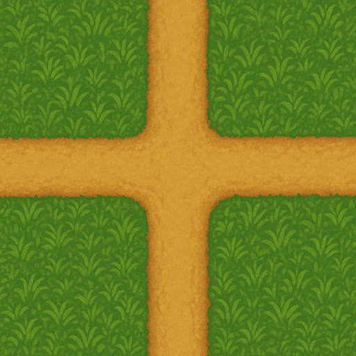 A background with grass details, shot from above, and 4  dirt roads towards the middle, merging from right to left, bottom to top in the middle.
In-Game asset.  2d.  High contrast.  No shadows