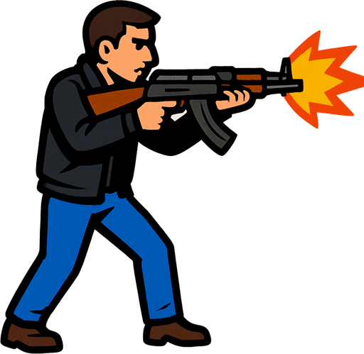 un hombre usando una chaqueta negra pantalones azules disparando un ak47.
In-Game asset.  2d.  High contrast.  No shadows con la perspectiva lateral de cuerpo completo