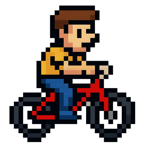 A 2D, Pixalted Bike with one wheel in front and one at the back with a pixelated character on..
In-Game asset.  2d.  High contrast.  No shadows