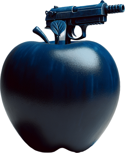 a blue apple with a gun.
In-Game asset. Blank background. High contrast.