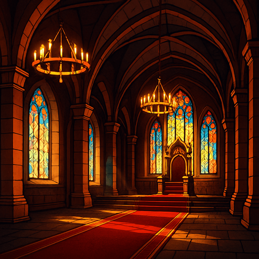 A massive medieval throne hall with golden chandeliers, crimson carpets, high arched ceilings, stained-glass windows casting colored light, majestic and solemn, realistic.
In-Game asset.  2d.  High contrast.  No shadows