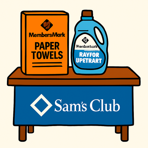 Que tenga un mantel azul  con el logo de sams club, sean menos productos y la mesita sea mas alta, el mantel no llega hasta el suelo, si no hasta a la mitad de la altura y permite ver las patitas de la mesa