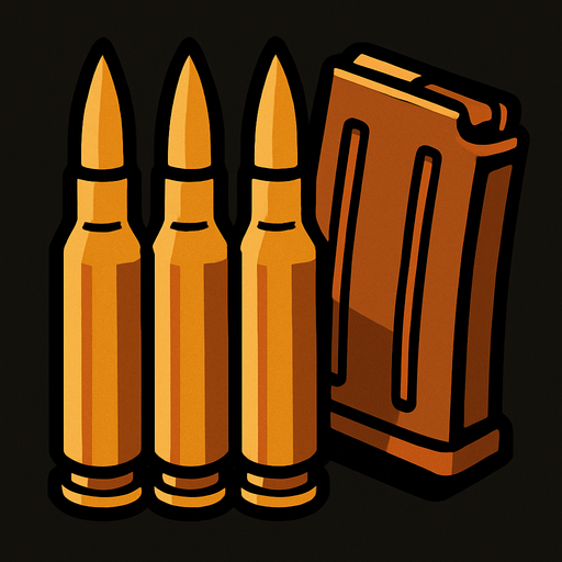 3 adet yan yana mermi, şarjör.
In-Game asset.  2d.  High contrast.  No shadows