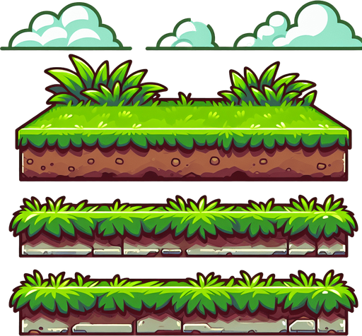 Side view of a Sidescroll Horizontal Grassy Ground path.
Single Game Texture. In-Game asset. 2d. Blank background. High contrast. No shadows. Cartoon style