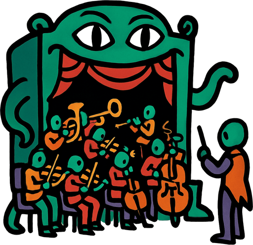 Orquesta de una Sala de Conciertos Viviente.
In-Game asset.  2d.  High contrast.  No shadows