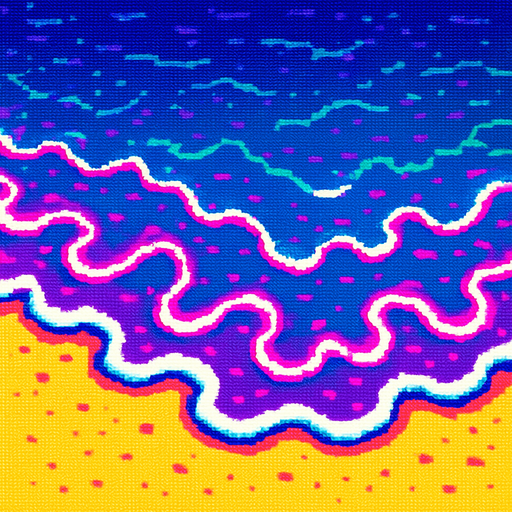 Top down view of a shallow wave water on a beach shore..80s arcade machine graphics. 

In-Game asset.  2d.  High contrast.  No shadows