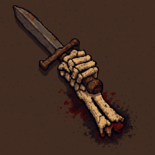 “Top-down 2D pixel art of a massive severed skeleton arm holding a giant sword. The bones are thick, cracked, and aged, with broken joints and shattered ends. The sword is still gripped tightly in the skeletal hand, rusted and chipped. Blood stains or dark magic aura may be present around the broken area. Designed as an environment object or game sprite for a dark fantasy pixel art game.”.
In-Game asset.  2d.  High contrast.  No shadows