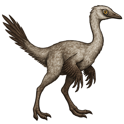 A slender Ornithomimus dinosaur covered with fine, light gray and brown feathers. It has longer, quill-like feathers on its arms and tail, and softer downy feathers on its body. The head is small and narrow with large, bright eyes and a beak-like mouth. Its long legs are built for speed, ending in sharp claws. The feathers have a natural texture, giving the dinosaur a bird-like, agile appearance..
In-Game asset.  2d.  High contrast.  No shadows