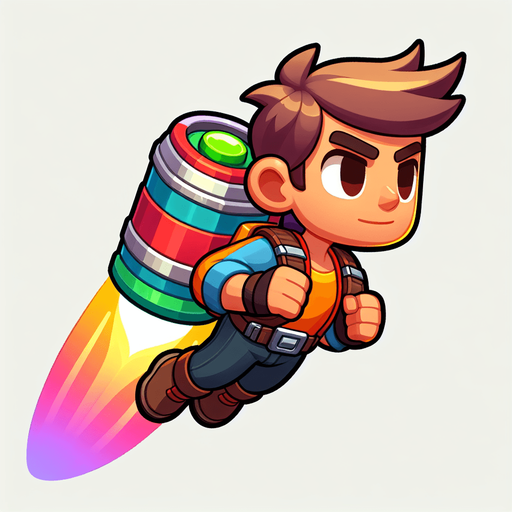 Person flying with jetpack with color.
Single Game Texture.  In-Game asset.  2d.  Blank background.  High contrast.  No shadows