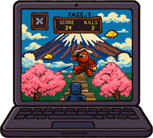 imagina un portatil que tenga en la pantalla la imagen actual, debe ser pixel art y con estilo comico