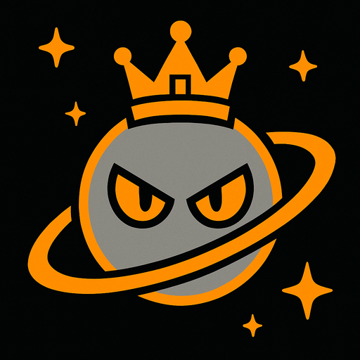 a grey circle with orange wyes and he is a space king.
In-Game asset.  2d.  High contrast.  No shadows