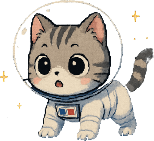 A cute kitten, illustrated in an adorable chibi anime style and wearing an astronaut suit, stands on all fours in outer space with a wide-eyed, surprised expression. Its body is slightly tense, as if it just saw something unexpected.