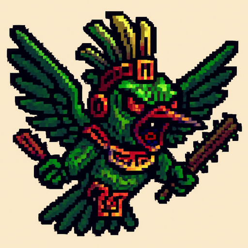 Genérame una olibrí Esmeralda Andina guerrero azteca con eso patrones, estilo pixelar, con una apariencia maligna, ojos rojos, rabioso. Unidad aerea con alas. Animal.
In-Game asset.  2d.  High contrast.  No shadows
