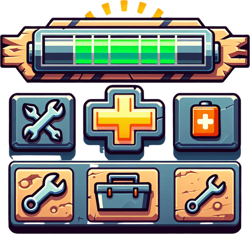 I need a 2D repair bar asset for my street racing game on the UPIT FRVR platform. Please provide:

A repair or health bar/pickup symbol

Visual elements could include:

A wrench icon

A toolbox

A glowing repair battery

A plus (+) symbol with a mechanical look

Should clearly indicate vehicle repair/health restoration

Designed for top-down or angled 2D gameplay, sized for easy pickup

Style: Clean, cartoony, visible on desert roads.
Single Game Texture.  In-Game asset.  2d.  Blank background.  High contrast.  No shadows