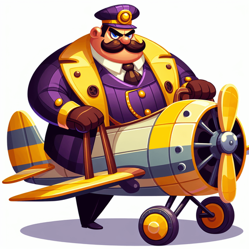 Wario flying an aeroplane.
Single Game Texture.  In-Game asset.  2d.  Blank background.  High contrast.  No shadows